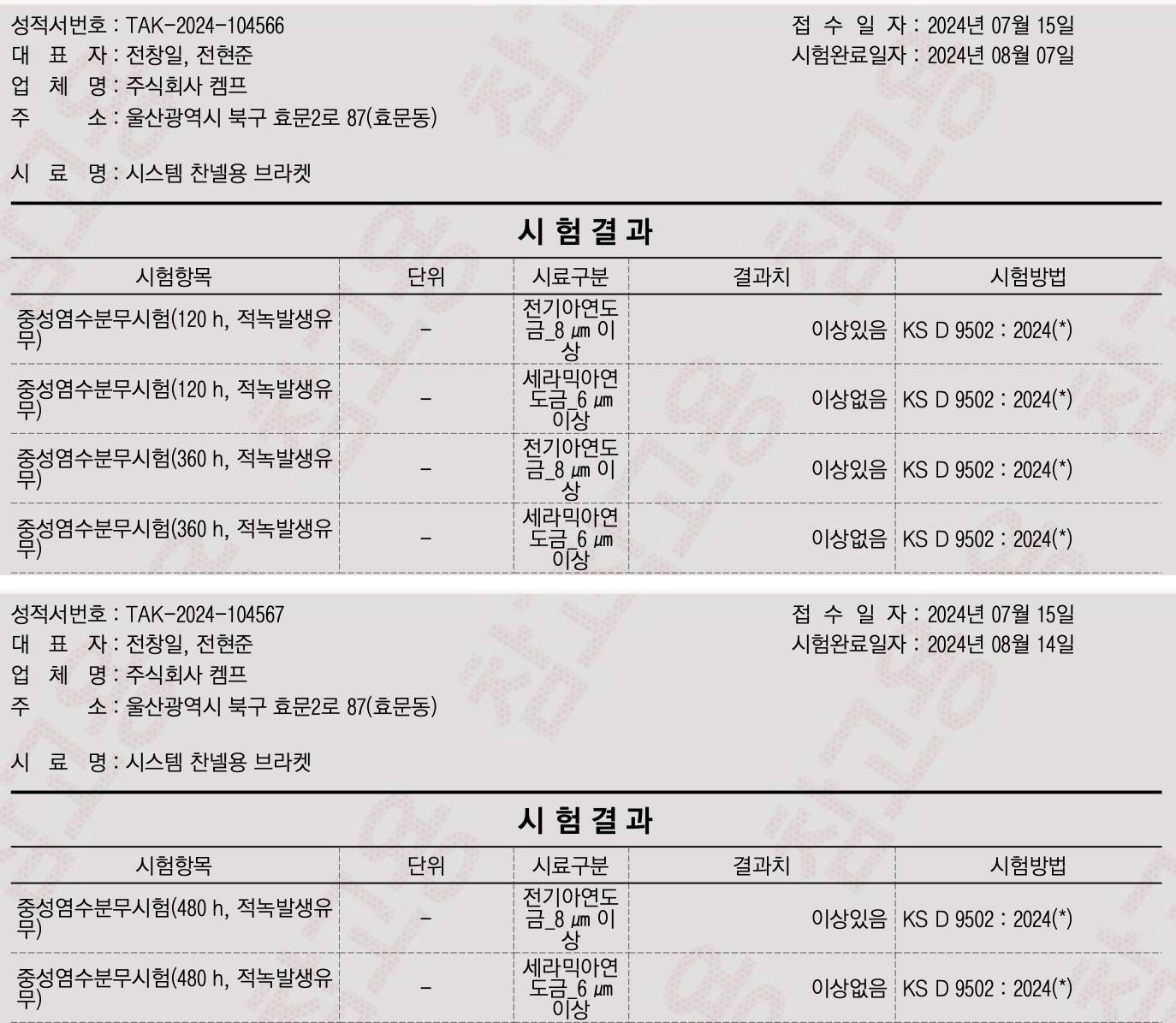 KTR 성적서 발췌 — 시스템 채널용 브래킷의 중성염수분무 120·360·480시간 적녹 판정