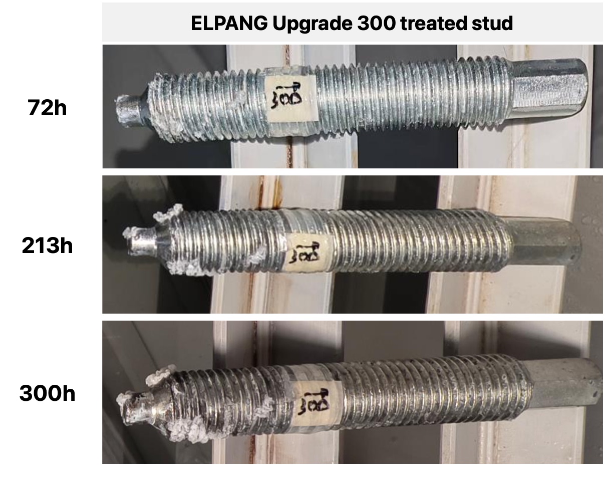 Photographs of the ELPANG Upgrade 300 stud bolt at 72, 213 and 300 hours