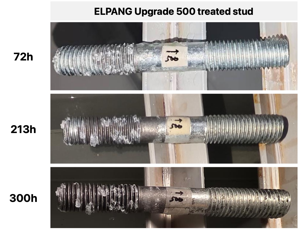 Photographs of the ELPANG Upgrade 500 stud bolt at 72, 213 and 300 hours